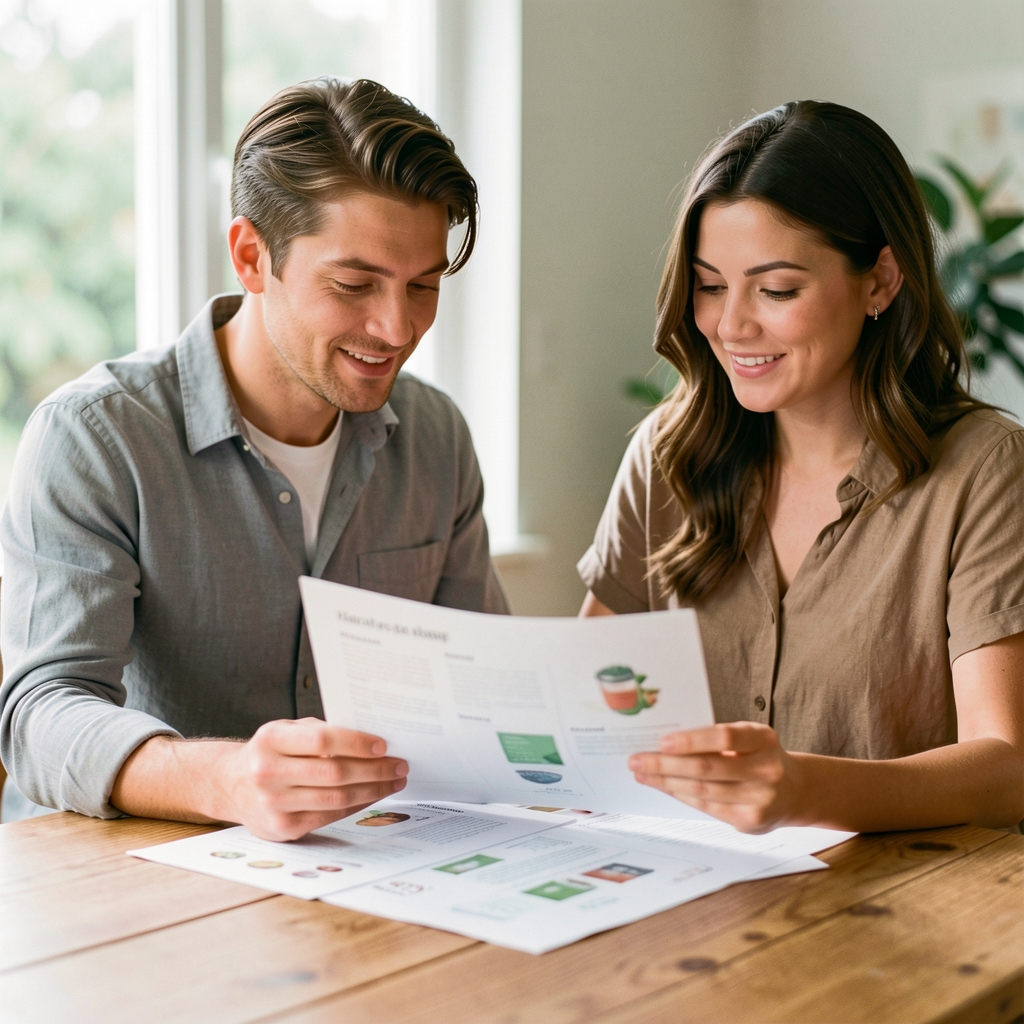 Two wellness catalogue editorial team members reviewing printed ingredient documentation at a natural wood table, soft daylight from a large window
