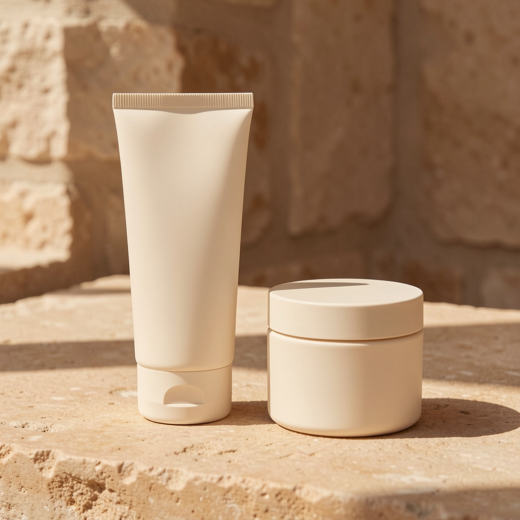 Minimalist cream tube and jar set on a warm stone surface, editorial product still life with natural light